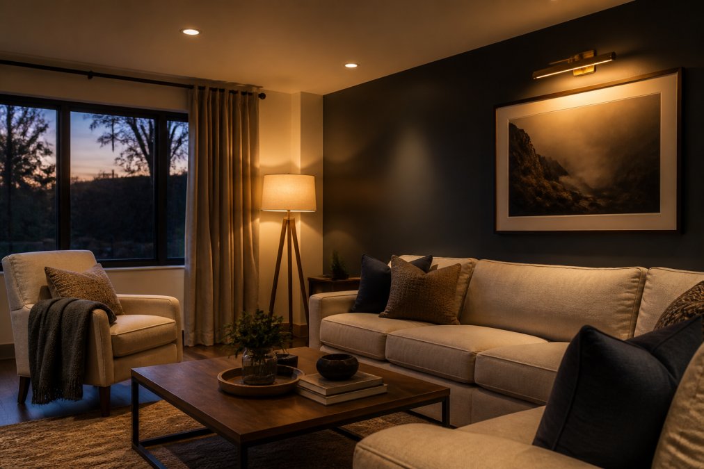 A cozy living room at dusk with layered lighting: a warm-toned floor lamp casting a soft glow in the corner beside a linen armchair, recessed ceiling lights dimmed low overhead, and a small brass picture light illuminating a framed artwork on a dark wall