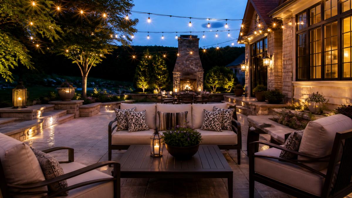 Elegant outdoor seating area with comfortable furniture arranged on a stone patio, ambient lighting strung overhead, manicured plants and architectural focal points visible in the background of a luxury residential garden at dusk