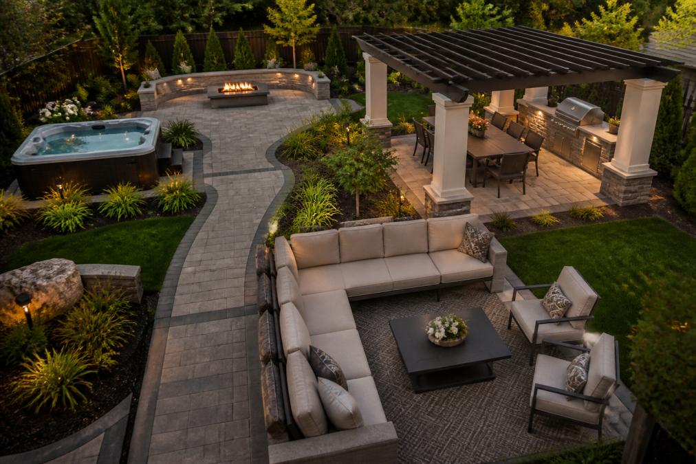 Overhead view of a resort-style backyard with clearly defined zones including a lounge seating area with comfortable outdoor furniture, a dining section with pergola overhead, a spa area with hot tub, and a fire feature in the distance, showing how spatial planning creates an immersive outdoor living space