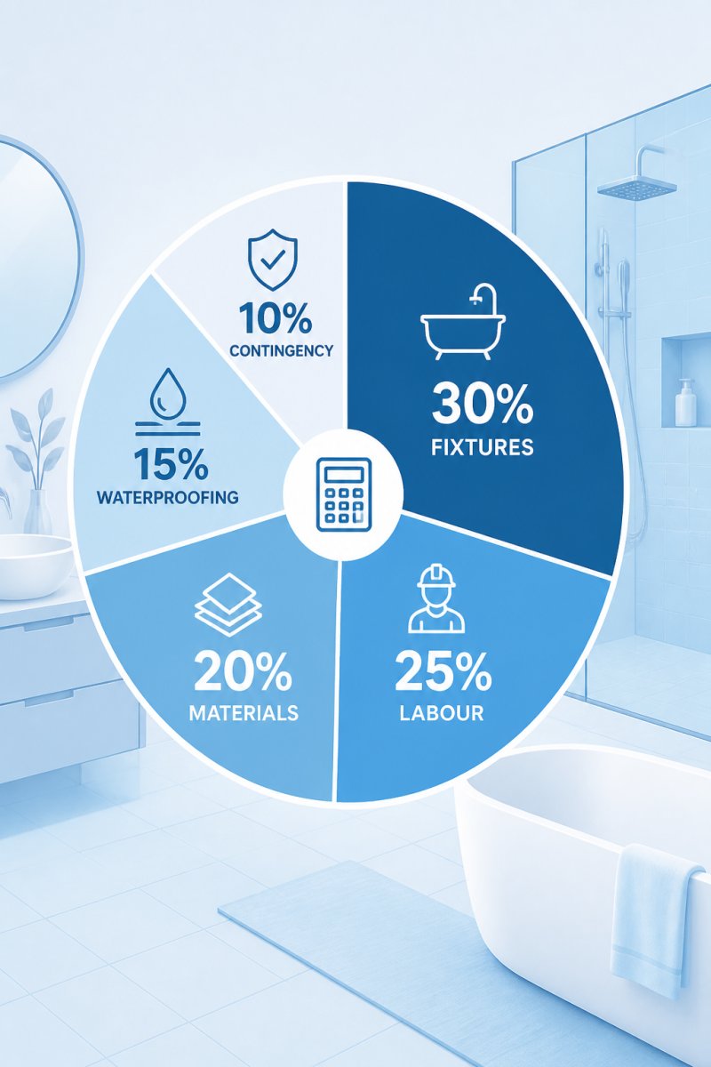 Pie chart showing typical bathroom renovation budget allocation: fixtures 30%, labour 25%, materials 20%, waterproofing 15%, contingency 10%