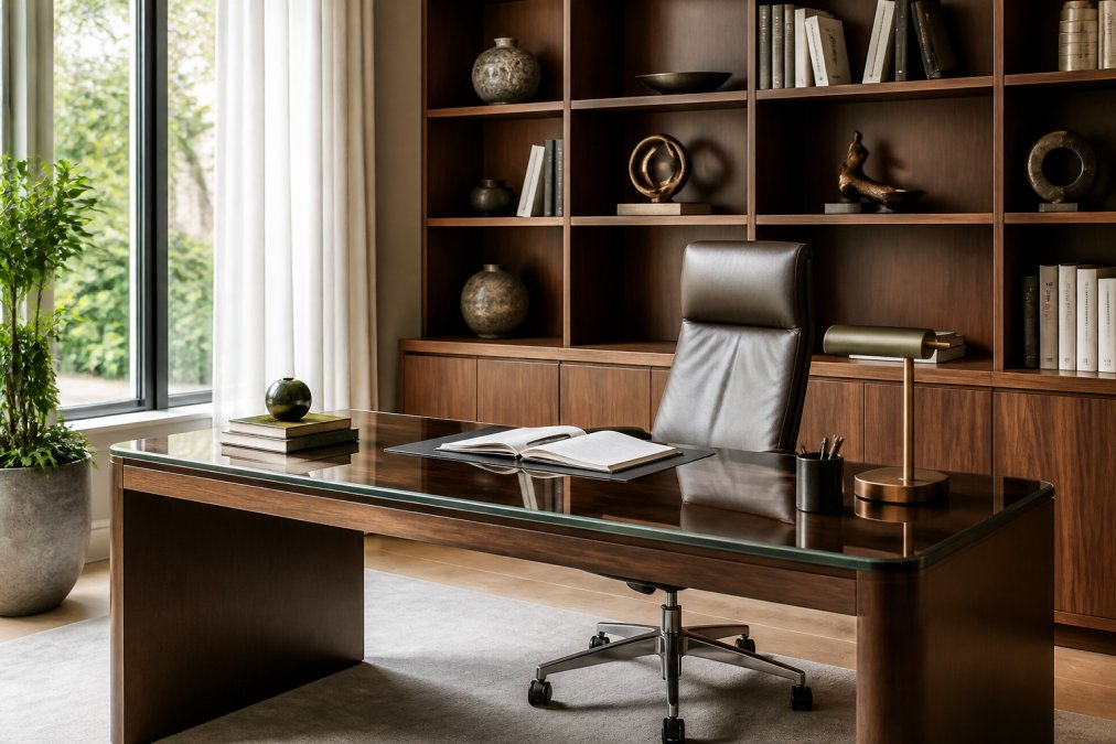 Elegantly appointed home office featuring a rich walnut desk with glass top, a leather executive chair positioned for optimal posture, and custom shelving displaying curated objects and books, with soft natural light streaming through a large window illuminating the workspace