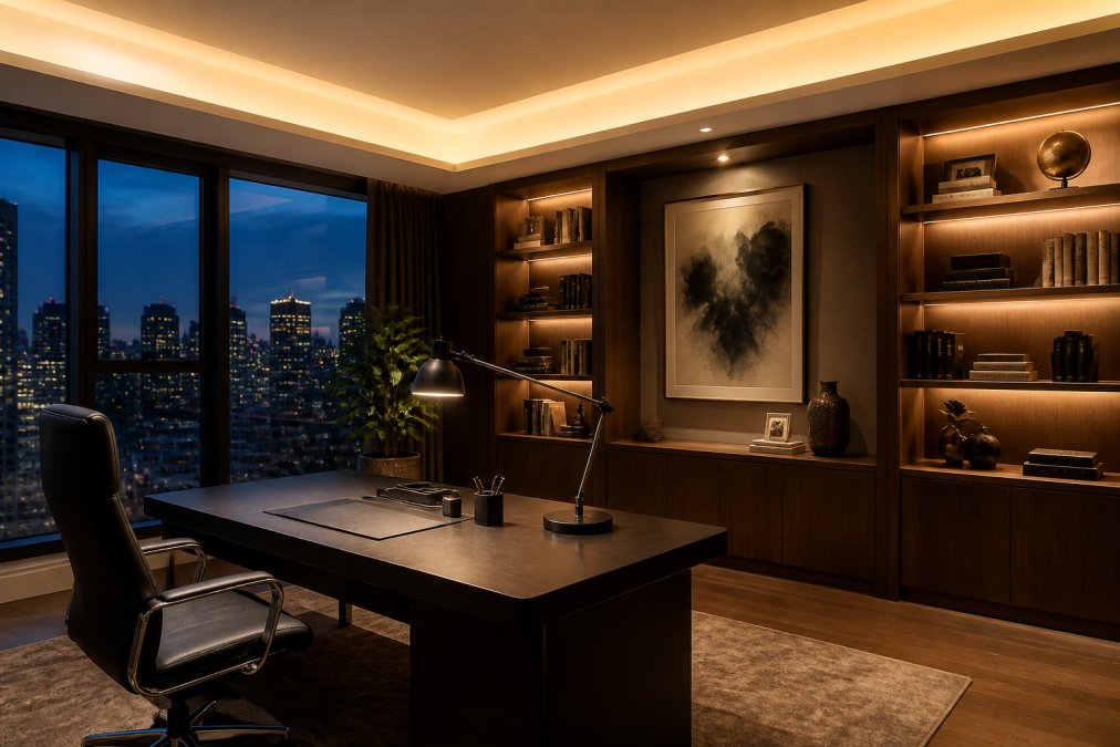 Sophisticated home office at twilight displaying multiple lighting layers: warm overhead ambient lighting casting a soft glow across the ceiling, a focused task lamp with adjustable arm positioned beside the desk illuminating work surfaces, and warm accent lighting highlighting a walnut bookcase, creating distinct zones of illumination that transition naturally from cool to warm tones