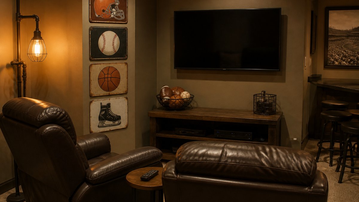 A compact corner of a small man cave with a wall-mounted TV, two leather recliners, and a vertical column of vintage-style aluminum sports signs under warm lamp light