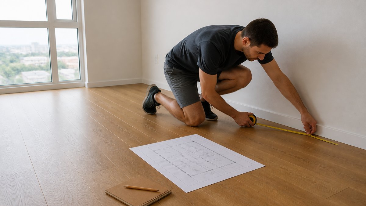 Person kneeling on a wooden floor measuring room dimensions for a home gym layout with a tape measure and paper plan