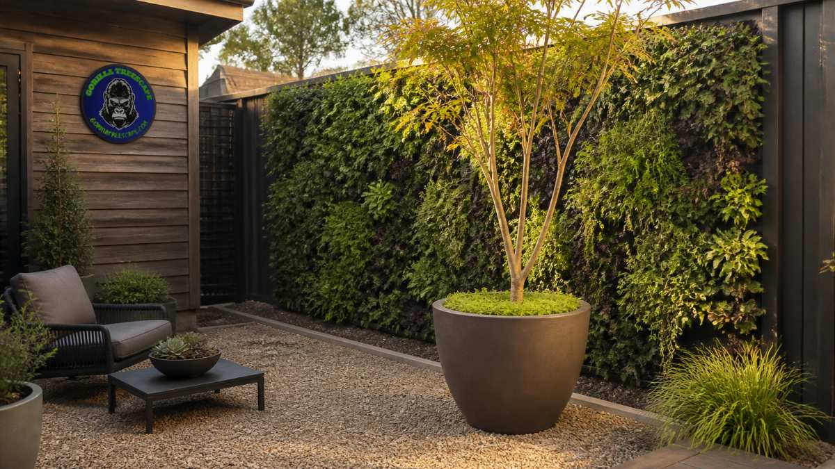 A compact modern backyard with a vertical green wall on a fence, a small gravel patio, and a single ornamental tree in a large container, photographed in warm afternoon light