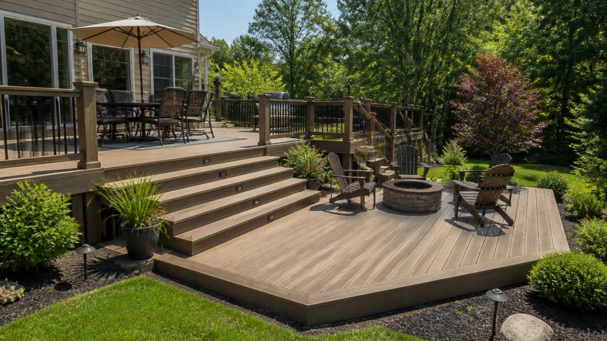 A freshly built multi-level wood deck stepping down a gently sloped backyard, with a lower patio platform, wide stairs, and a family setting outdoor chairs on the upper level on a sunny afternoon