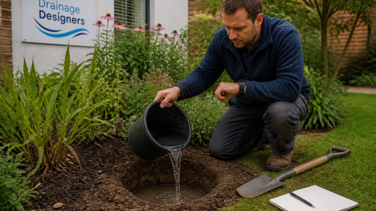 A homeowner kneeling beside a shallow test hole in a garden border, pouring water from a bucket while checking a watch, with a spade and notebook resting on the grass nearby