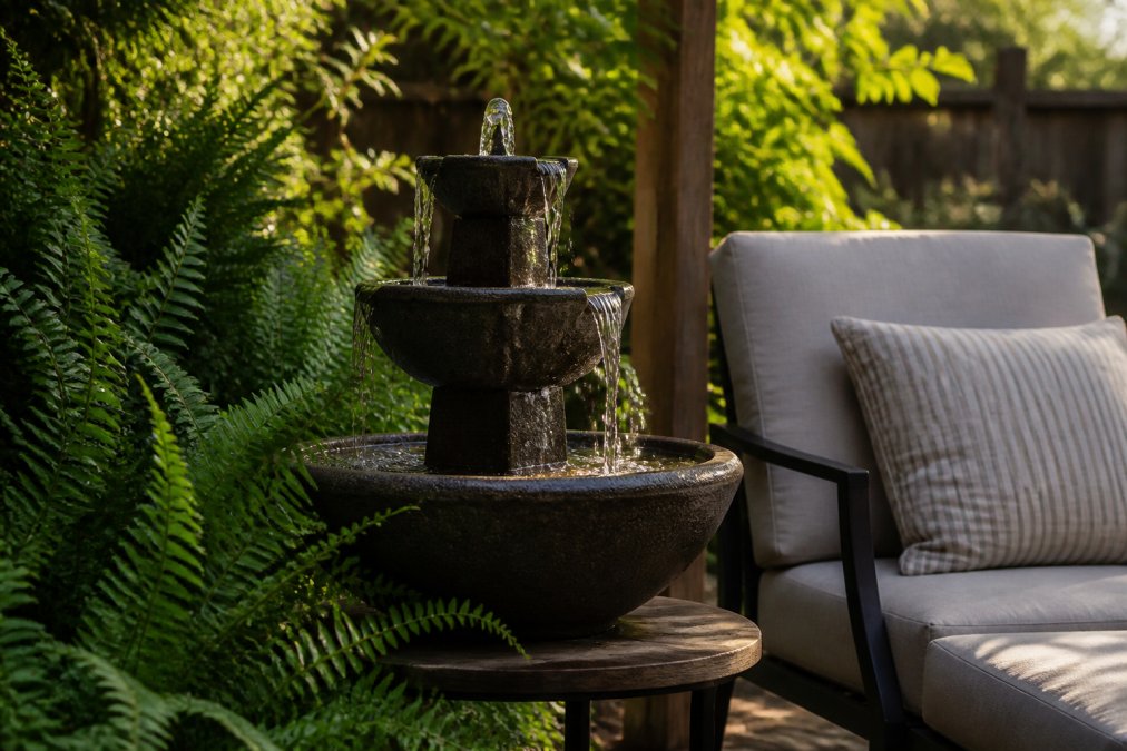 A serene backyard corner featuring a small tabletop water fountain surrounded by lush green ferns and a comfortable outdoor lounge chair in soft afternoon light
