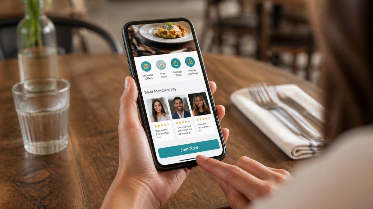 Smartphone displaying a restaurant subscription landing page with member benefits and a Join Now button.