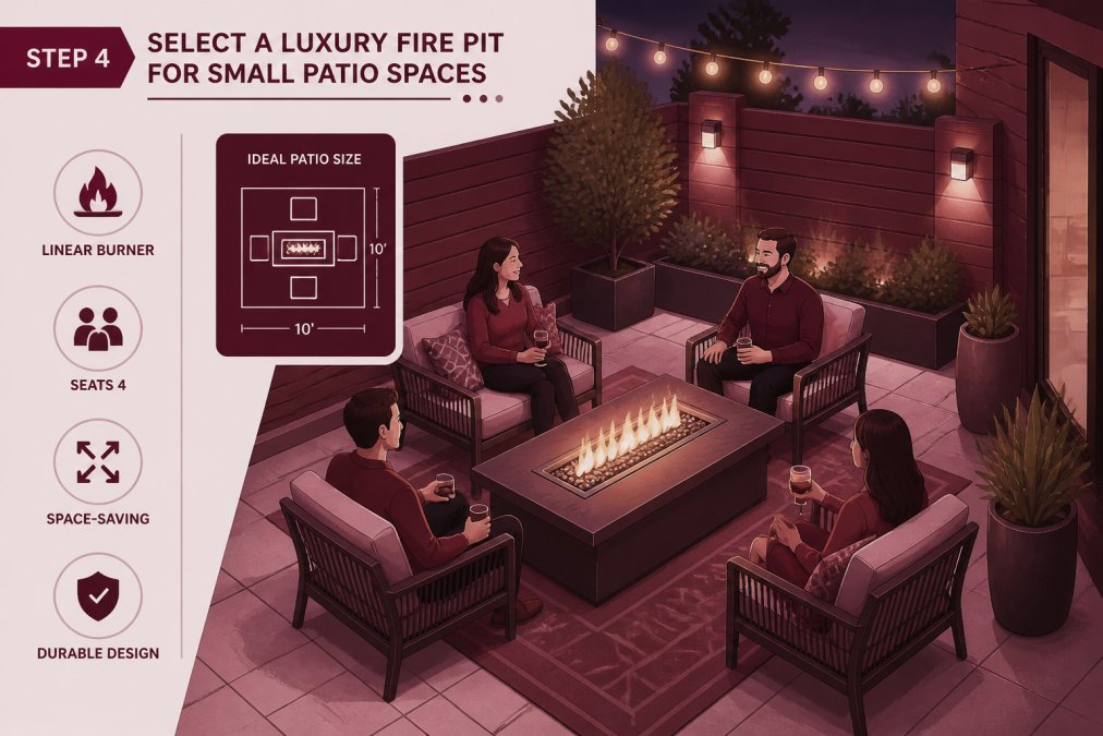 Contemporary fire pit table with linear burner positioned in center of small urban patio, people seated around it during evening with warm ambient glow, intimate outdoor setting