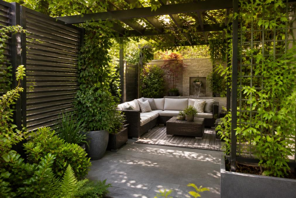 Small urban backyard with vertical privacy screening panels, pergola overhead creating dappled shade, lush climbing plants on trellis, intimate seating area visible through layered plantings