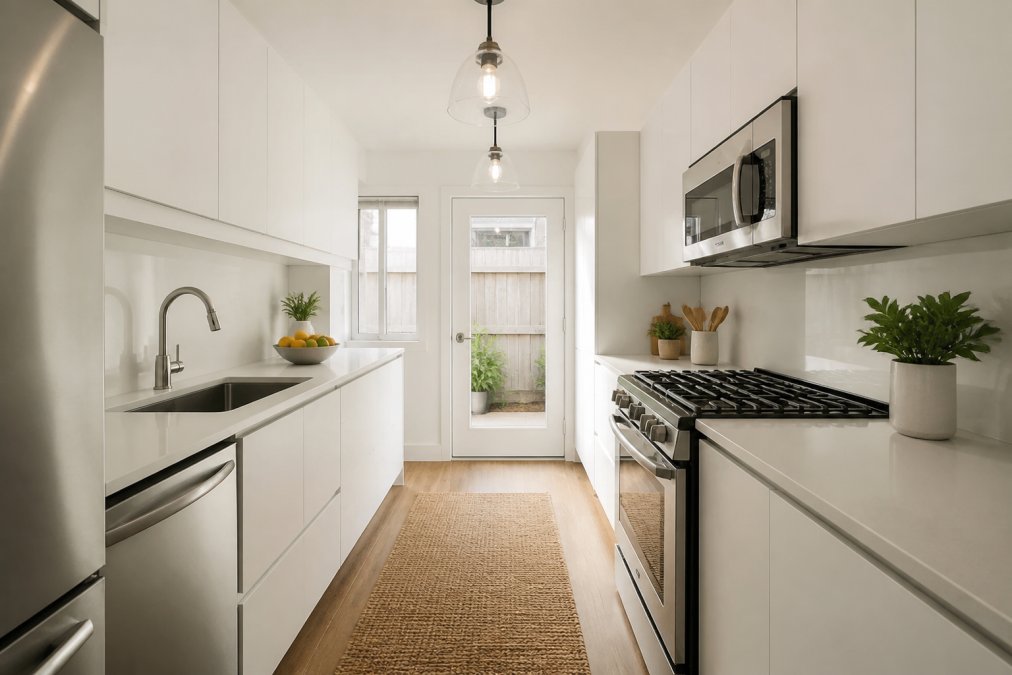 Diagram illustrating an efficient small kitchen layout with a galley workflow between opposing workstations.
