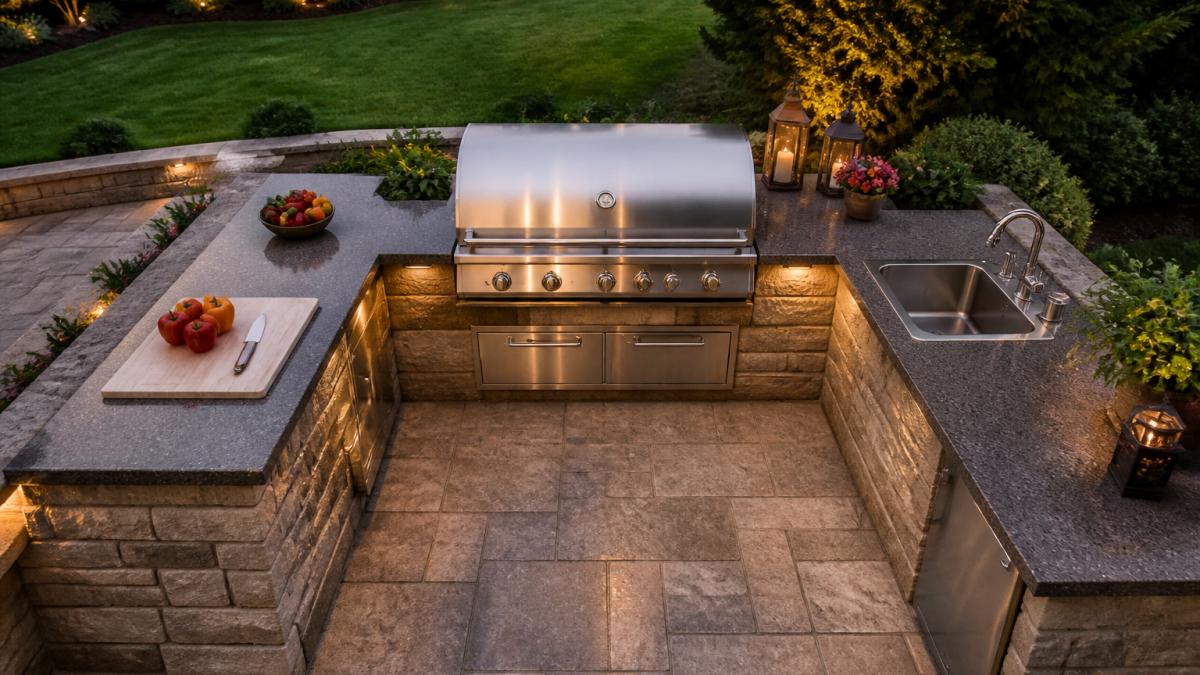 Overhead view of an L-shaped small outdoor kitchen featuring a grill, sink, and prep space on a stone patio.