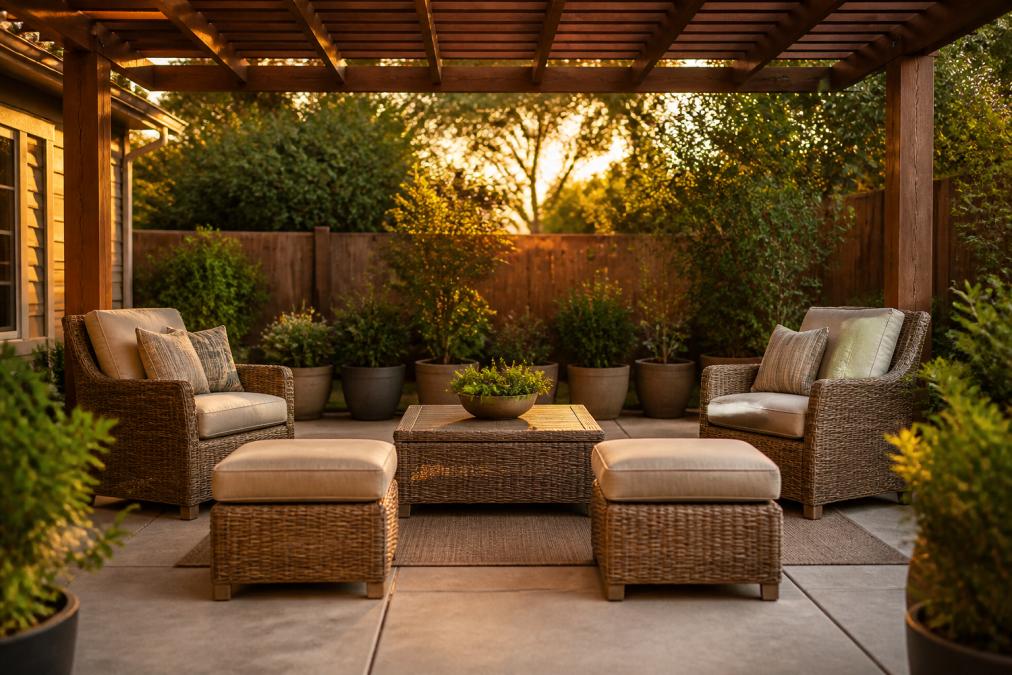 Diagram illustrating the ideal furniture layout for a small outdoor room featuring a wicker patio set and pergola