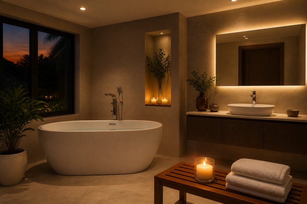 A serene spa bathroom at dusk with warm dimmable recessed lighting glowing softly above a white freestanding tub, a backlit vanity mirror casting diffused amber light on matte stone walls, and a single lit candle resting on a teak bath tray beside neatly folded white towels