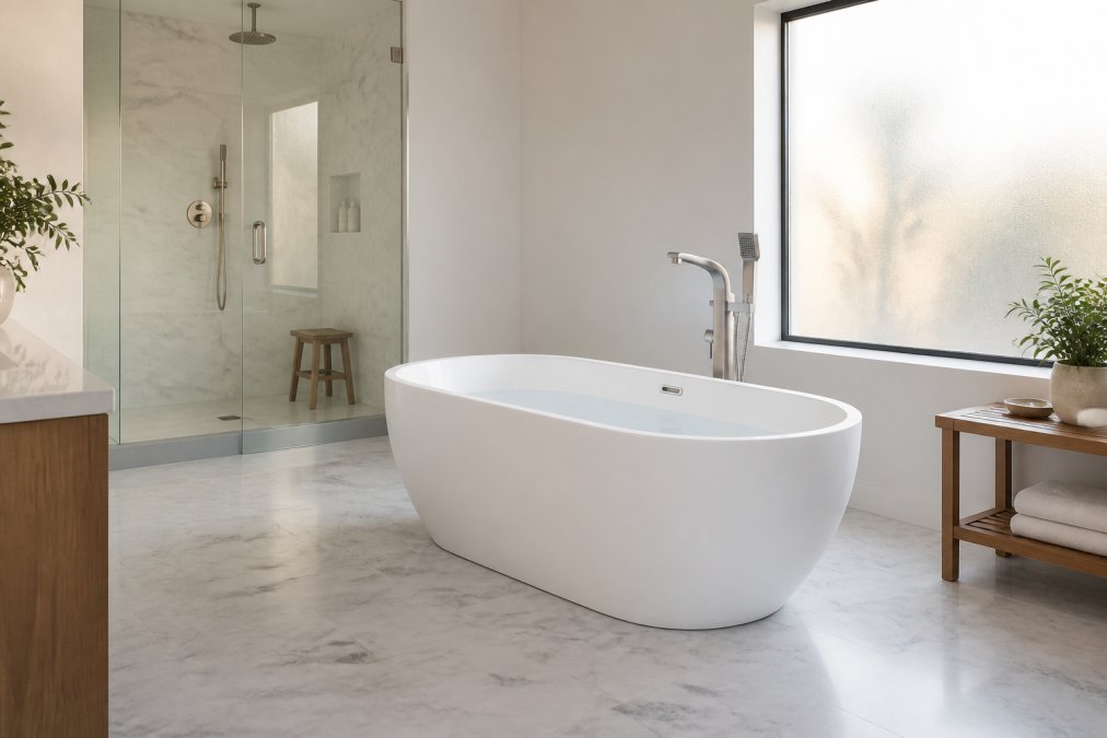 A bright, minimalist spa bathroom featuring a white freestanding soaking tub centered on large-format honed marble tile flooring, with a frameless glass walk-in shower in the background fitted with a ceiling-mounted rain showerhead, warm natural light entering through a frosted privacy window