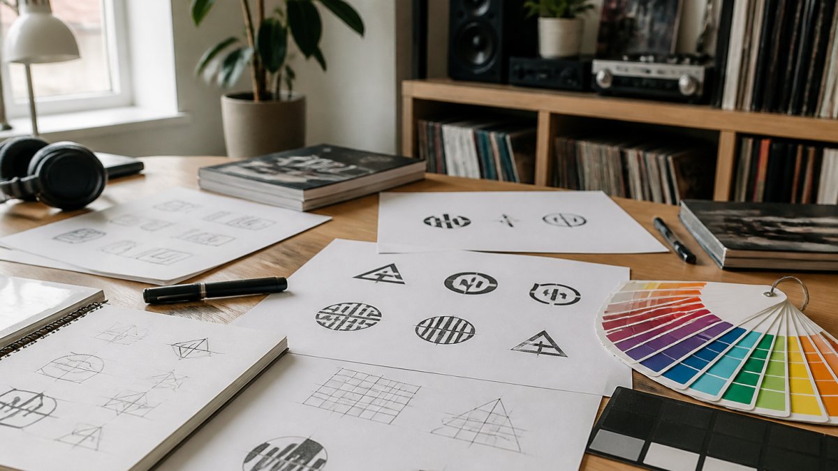 A graphic designer's desk with logo sketches on paper, a laptop showing vector logo variations, and color swatches laid out in a bright studio