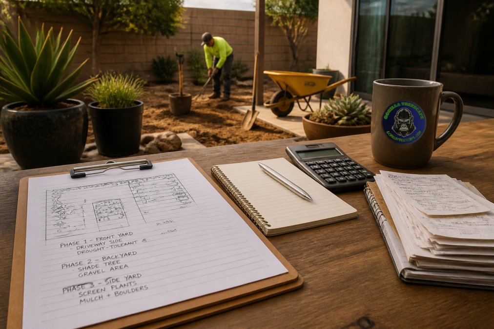 Homeowner sketching a yard map for a xeriscape garden with a shovel and drought-tolerant plants nearby