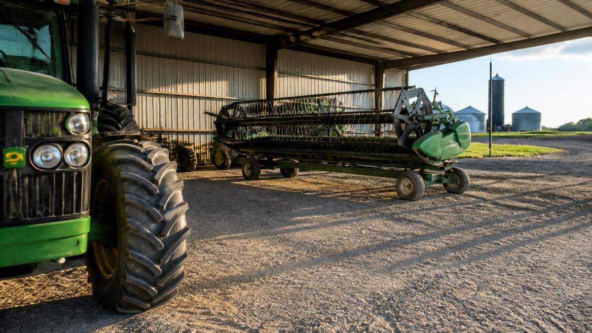 A wide open-sided farm machinery shed with a tractor parked in one bay and a combine header on a trailer in another, showing clear maneuvering space between equipment and the open side wall, photographed in late afternoon light on a working farm