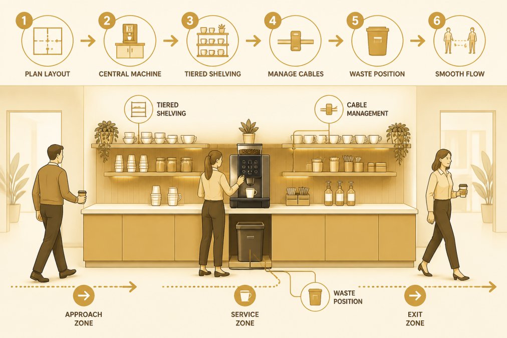 Professional office coffee station showing linear workflow with machine positioned centrally, clear zones for approach and exit, tiered shelving above counter holding supplies at eye level, cable management clips keeping wires hidden, waste bin positioned under machine, team members moving through without congestion