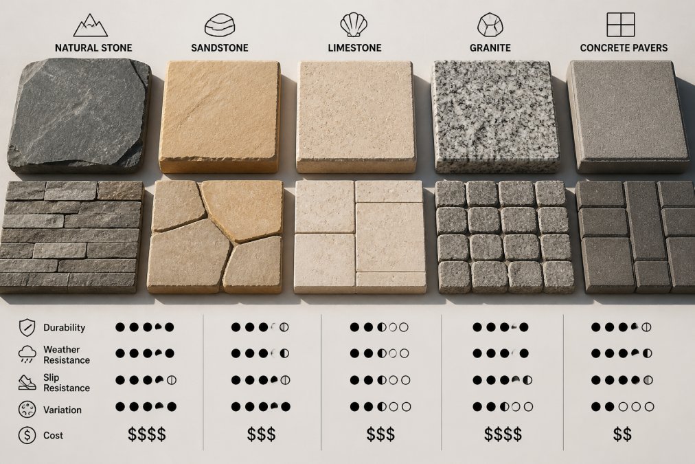 Close-up of various stone and paving samples in natural sunlight, showing texture, colour variation and weathering characteristics of different hardscaping materials laid on a surface