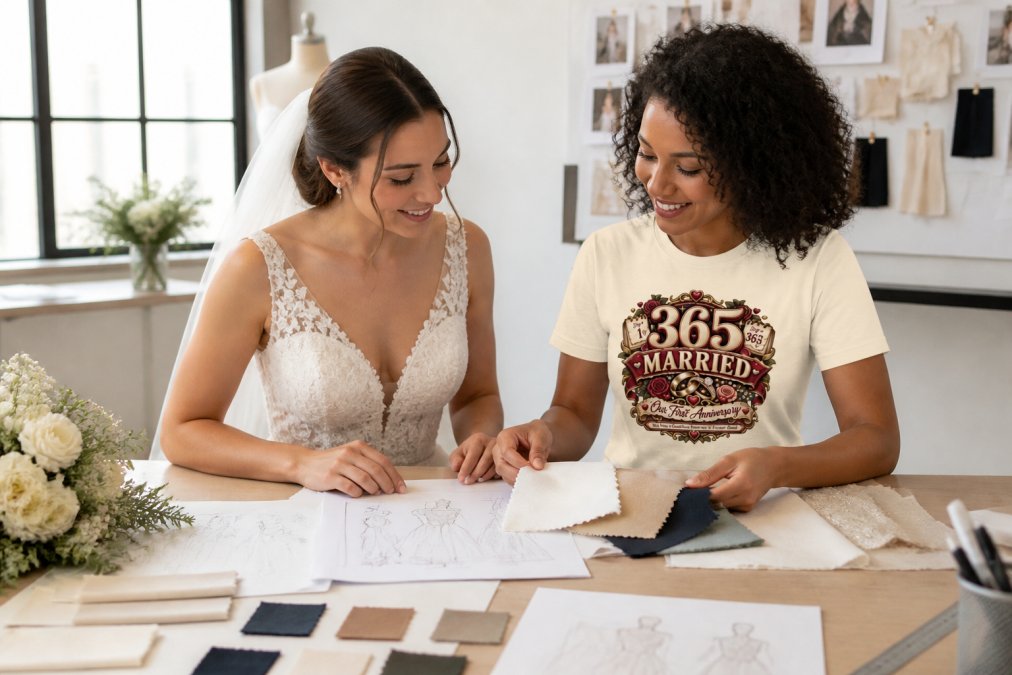 Bride and seamstress reviewing fabric swatches and design sketches together at a consultation table, with mood boards and color samples visible in natural studio lighting