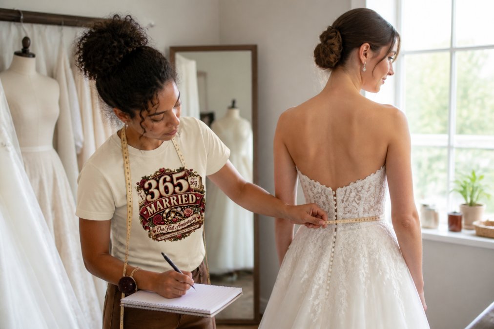 Skilled seamstress taking precise measurements of a bride in a fitting room, using a measuring tape and notepad to record details, with natural window lighting