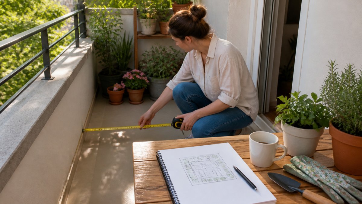 Person using a tape measure to plan a layout for a small apartment balcony with potted plants nearby