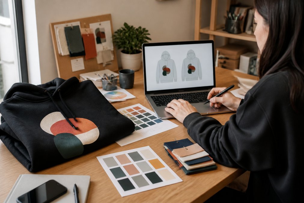 A content creator's bright home office desk with a laptop displaying a merchandise mockup, surrounded by fabric swatches, color palette cards, and a folded printed hoodie