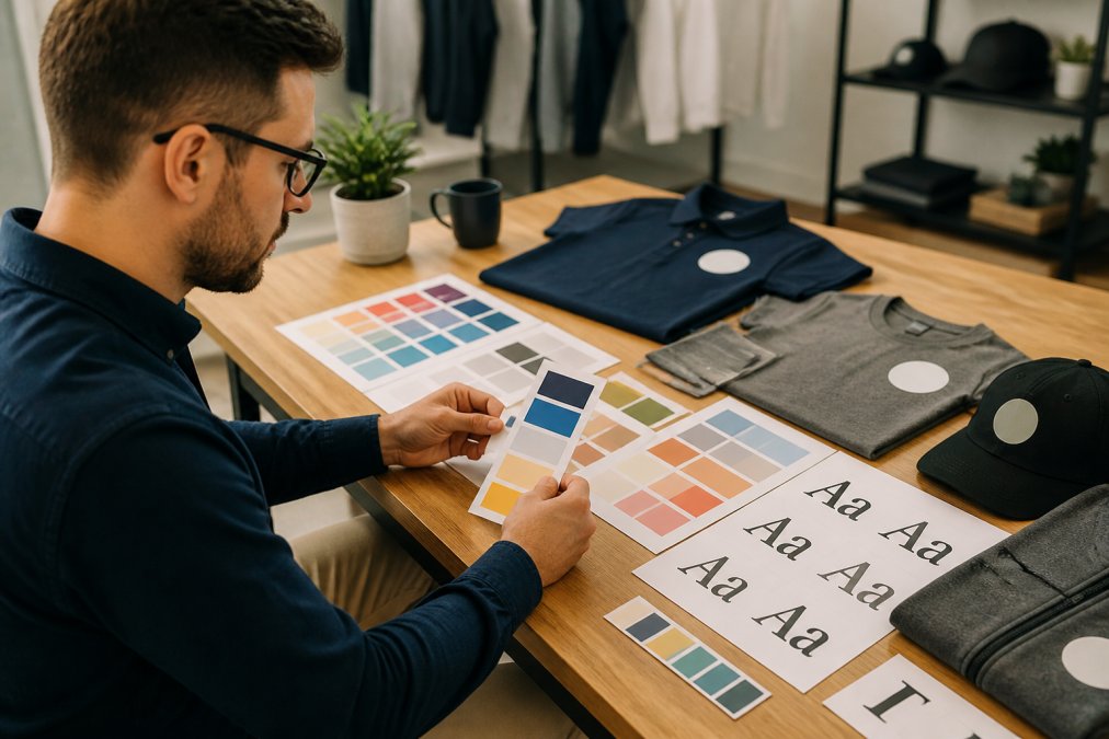 Professional designer reviewing color swatches and typography samples laid out on a desk with branded apparel mockups showing different logo placements