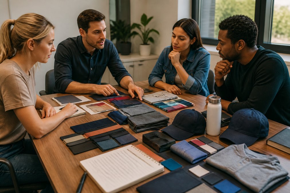 Marketing team planning a branded merchandise strategy with budget figures, fabric swatches, and logo samples.