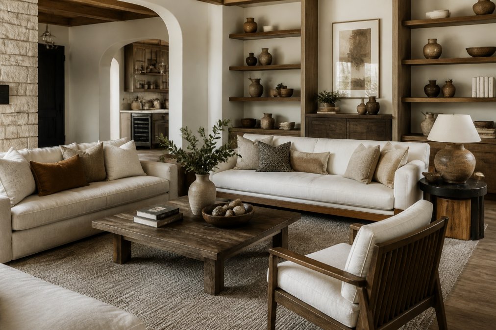 A carefully styled living room showcasing layered textures with a plush area rug anchoring the seating, wooden furniture with varied finishes ranging from light oak to dark walnut, upholstered seating in complementary neutral tones, and decorative objects in coordinated materials arranged on shelves and side tables with warm ambient lighting