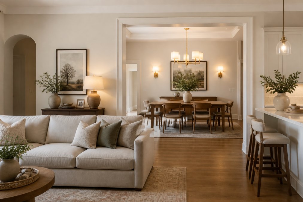 An open-concept space showing two adjacent rooms with consistent warm neutral color palette, coordinated lighting fixtures in matching finishes, and complementary furniture styles including a neutral sofa in the living area and a wooden dining table in the dining zone that visually connect across the threshold with layered lighting and transitional pieces