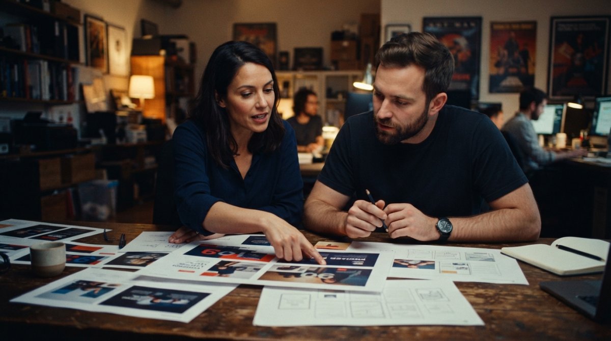 Professional illustration showing creative and director and reviewing concepts for how to design commercial pitch decks