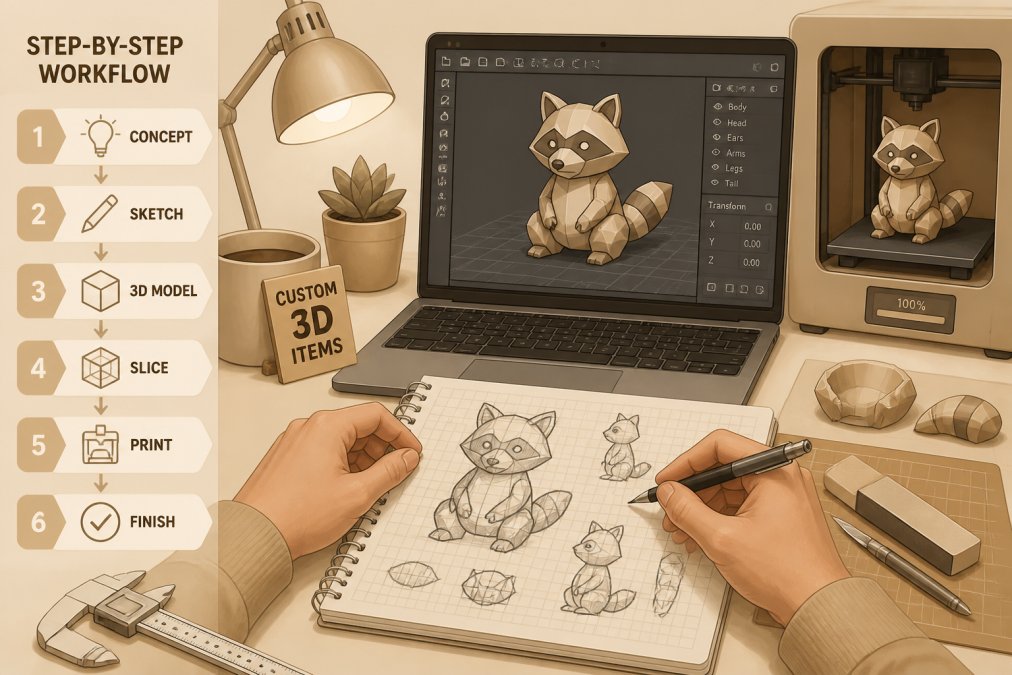 Close-up of hands sketching a product design on graph paper beside a laptop displaying a 3D modeling software interface with a colorful geometric model on screen, warm desk lamp lighting
