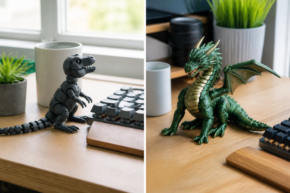 A finished articulated 3D-printed dinosaur figure sitting on a bright home office desk beside a mechanical keyboard, a white ceramic coffee mug, and a small succulent plant, natural window light