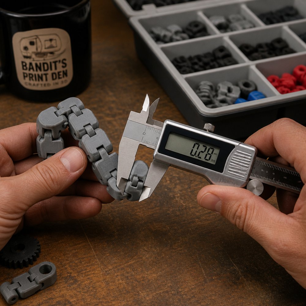 Close-up of hands holding a small articulated 3D printed fidget toy next to a digital caliper measuring a joint gap on a workbench