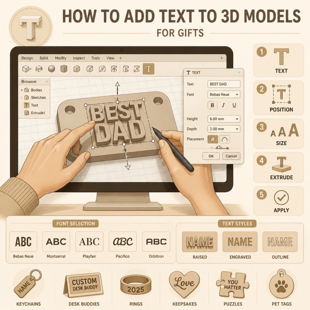 Hands positioning text on a 3D model in CAD software, close-up of screen showing text tool options and font selection