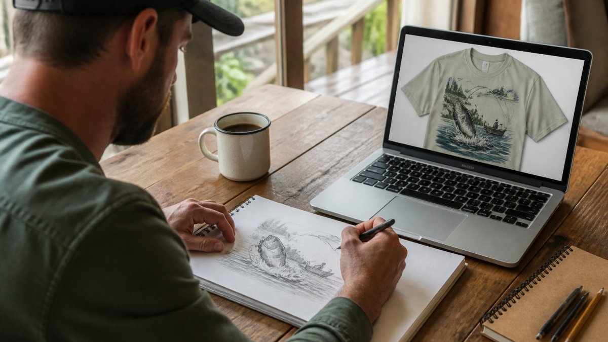 A person sitting at a wooden table sketching a design on paper next to a laptop showing a mockup of a t-shirt with a fishing scene, coffee mug nearby, warm natural light