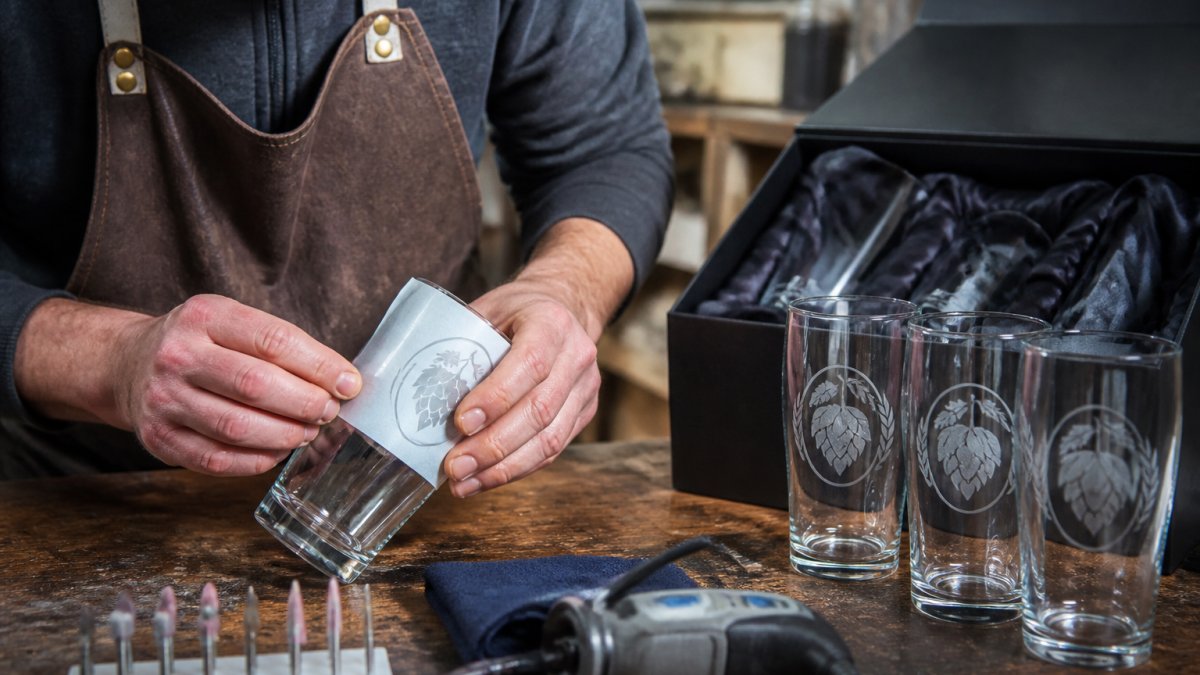 Close-up of a craftsman's hands applying a stencil to a beer glass in a workshop, with etching tools and finished branded glasses visible on the workbench