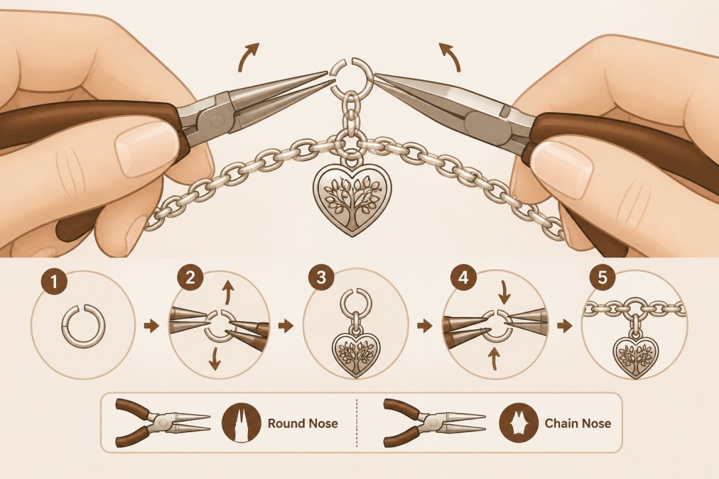 Close-up of hands using two pairs of jewelry pliers to open a jump ring and attach a silver charm to a bracelet chain, showing proper hand positioning and technique