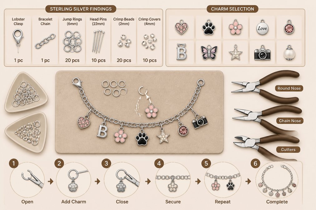 Flat lay workspace showing organized sterling silver findings, jump rings, multiple colorful charms, jewelry pliers, and a partially assembled charm bracelet in progress on a soft work mat