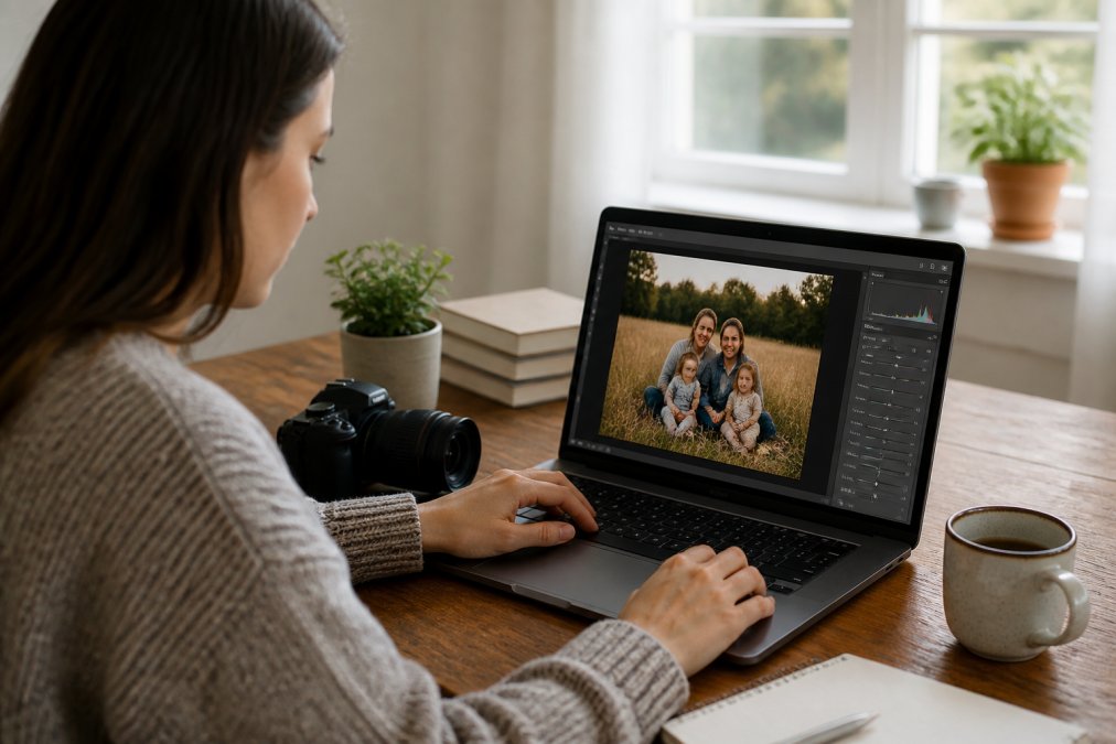 Person adjusting photo settings on a laptop screen with high-resolution family photo visible in design editor, bright natural window lighting