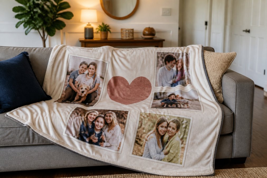 Finished custom cozy blanket draped over a modern couch showing personalized text and photo arrangement with warm home lighting and soft furnishings