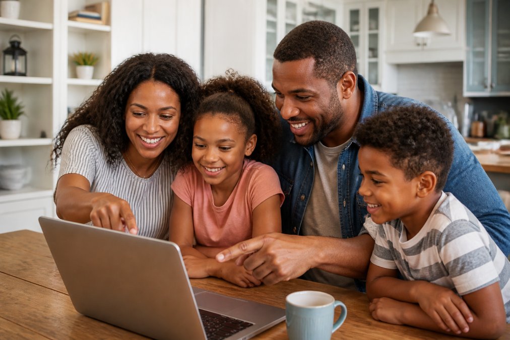 Family members gathered around a laptop reviewing custom shirt designs together, smiling as they point at the screen showing a design studio interface with colorful template options and customization tools