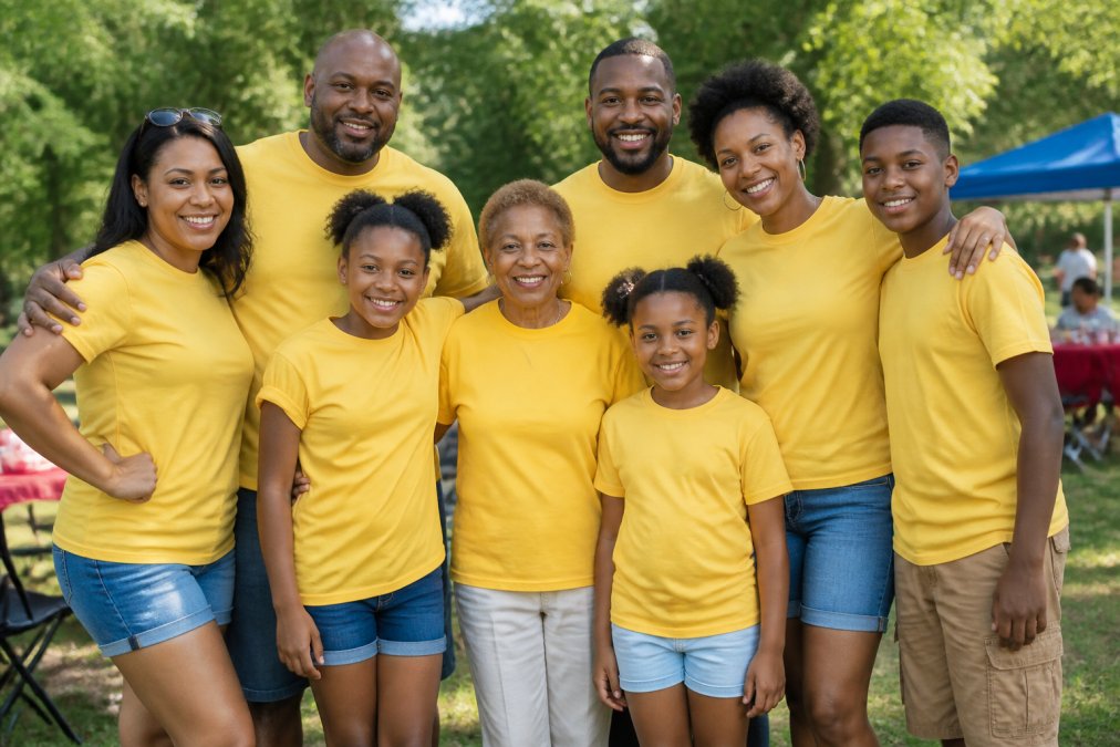 A family wearing coordinated custom-printed matching shirts at a reunion or outdoor event, showing how the matching apparel creates group unity and visibility as they stand together smiling