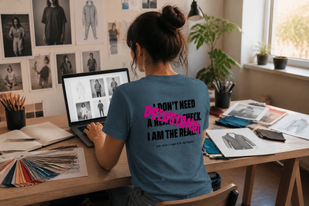 Designer working on a laptop with design software open, surrounded by color swatches, sketches, and reference images for fandom apparel concepts, natural lighting from a window illuminating the workspace