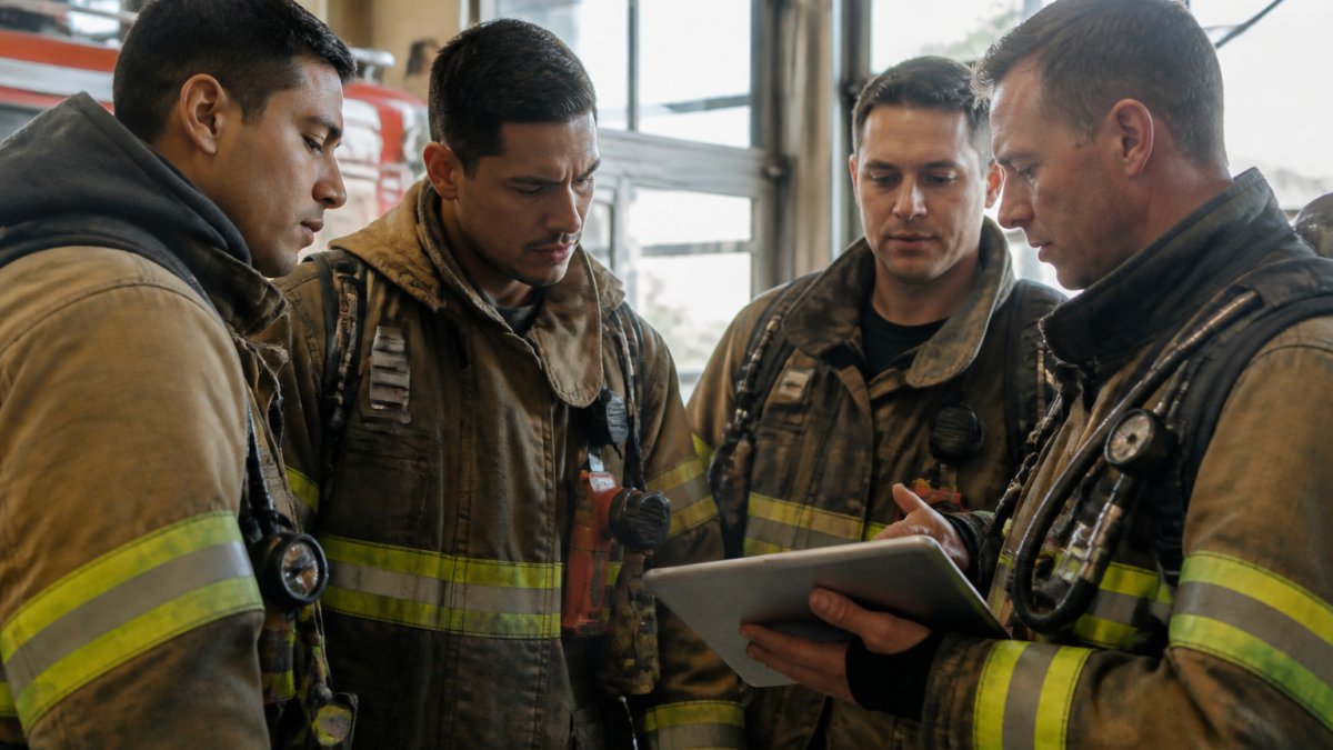 Firefighter crew members in full gear reviewing custom design mockups on a tablet at the firehouse, natural daylight through station windows, serious focused expressions