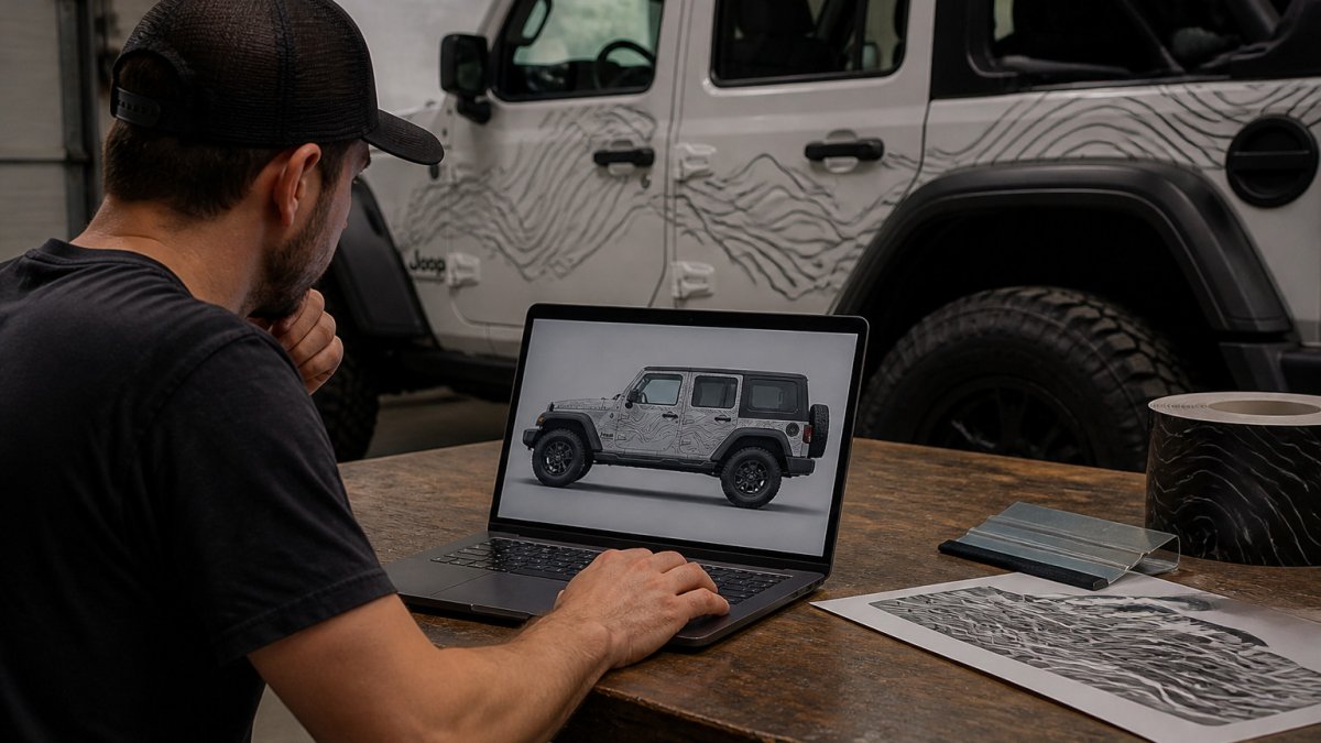 Person sitting at a garage workbench designing vehicle graphics on a laptop with a parked off-road vehicle nearby.