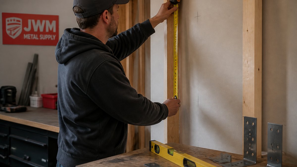 Step-by-step guide showing how to measure wall studs and mark hole centers for accurate metal bracket installation.